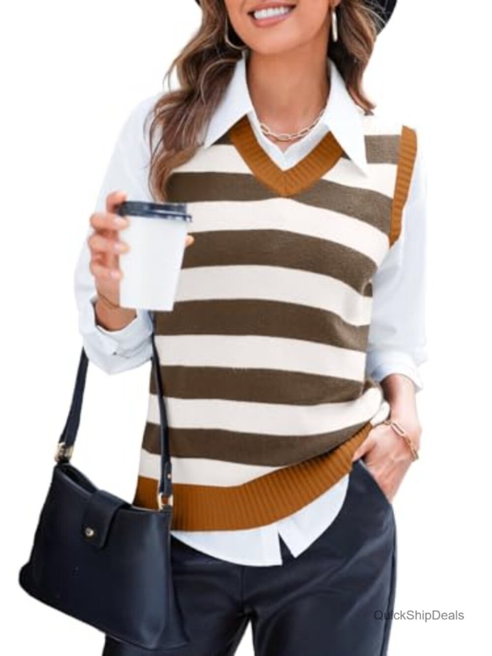 Women's Striped Sweater Vest Sleeveless V-Neck Loose Knit Top